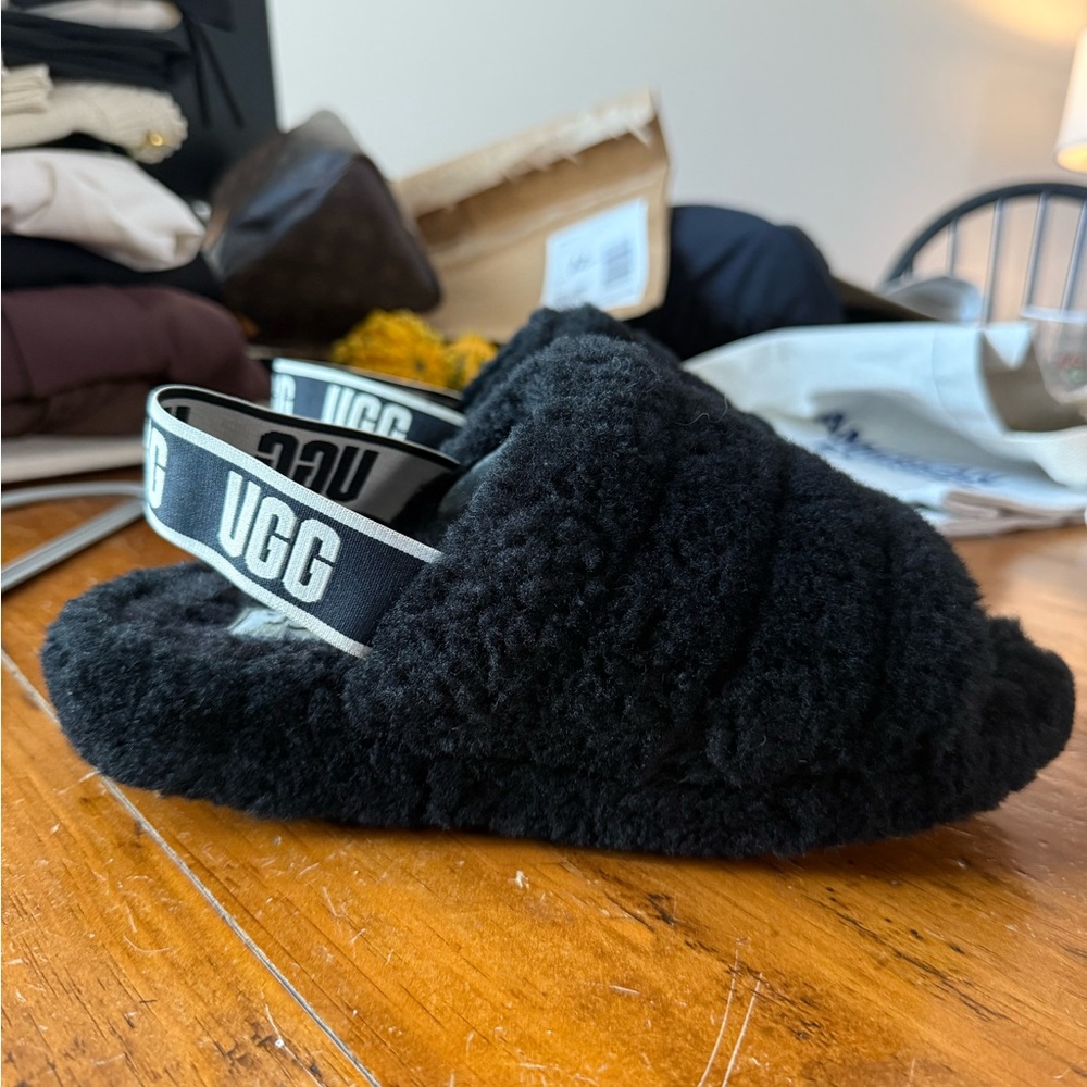 UGG Black Fuzzy Open-Toe Slippers